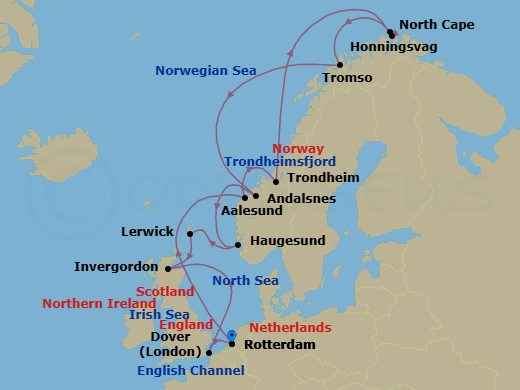 14 Night - Arctic Circle Solstice - Nieuw Statendam - Starting in Rotterdam, the Netherlands, Alesund, Norway, Trondheim, Norway, Scenic Cruising Trondheimsfjord, Honningsvag, Norway, Scenic Cruising North Cape, Tromso, Norway, Andalsnes, Norway, Haugesund, Norway, Lerwick, Shetland Islands, United Kingdom, Invergordon (Inverness), Scotland, United Kingdom, Dover UK (London), England, Rotterdam, the Netherlands itinerary map