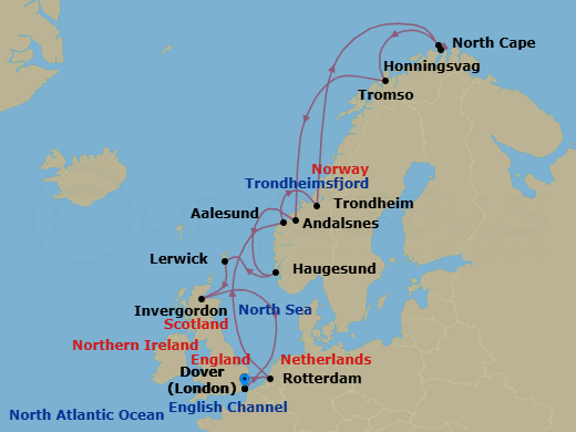 14 Night - Arctic Circle Solstice - Nieuw Statendam - Starting in Dover UK (London), England, Rotterdam, the Netherlands, Alesund, Norway, Trondheim, Norway, Scenic Cruising Trondheimsfjord, Honningsvag, Norway, Scenic Cruising North Cape, Tromso, Norway, Andalsnes, Norway, Haugesund, Norway, Lerwick, Shetland Islands, United Kingdom, Invergordon (Inverness), Scotland, United Kingdom, Dover UK (London), England itinerary map