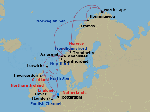 14 Night - Arctic Circle Crossing - Nieuw Statendam - Starting in Rotterdam, the Netherlands, Alesund, Norway, Trondheim, Norway, Scenic Cruising Trondheimsfjord, Honningsvag, Norway, Scenic Cruising North Cape, Tromso, Norway, Andalsnes, Norway, Nordfjordeid, Norway, Scenic Cruising Nordfjord, Lerwick, Shetland Islands, United Kingdom, Invergordon (Inverness), Scotland, United Kingdom, Dover UK (London), England, Rotterdam, the Netherlands itinerary map
