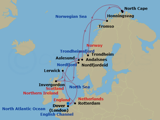 14 Night - Arctic Circle Crossing - Nieuw Statendam - Starting in Dover UK (London), England, Rotterdam, the Netherlands, Alesund, Norway, Trondheim, Norway, Scenic Cruising Trondheimsfjord, Honningsvag, Norway, Scenic Cruising North Cape, Tromso, Norway, Andalsnes, Norway, Nordfjordeid, Norway, Scenic Cruising Nordfjord, Lerwick, Shetland Islands, United Kingdom, Invergordon (Inverness), Scotland, United Kingdom, Dover UK (London), England itinerary map