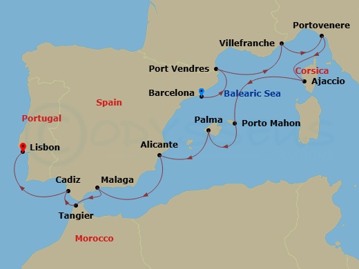 Crystal Serenity - 12 Night - Europe & Mediterranean - Crystal Serenity - Starting in Barcelona, Port Vendres, Villefranche, Porto Venere, Ajaccio (Corsica), Porto Mahon, Palma.. itinerary map
