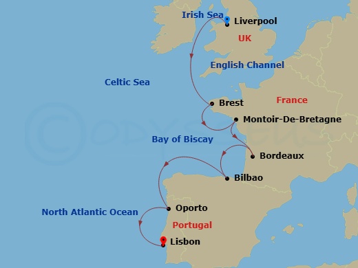 Crystal Symphony - 10 Night - Baltic & Northern Europe - Crystal Symphony - Starting in Liverpool, Brest, Montoir de Bretagne, Bordeaux, Bilbao, Oporto (Leixoes), Lisbon itinerary map