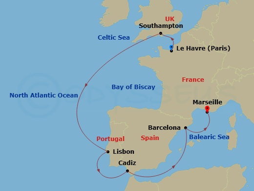 MSC Poesia - 8 Night - Leh - MSC Poesia - Starting in Le Havre (Paris), France, Southampton (London), United Kingdom, Lisbon (Cascais), Portugal, Cadiz (Seville), Spain, B.. itinerary map