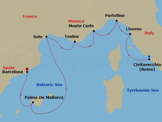 7 Night - Essential Mediterranean - Oceania Sirena - Starting in Rome (Civitavecchia), Florence / Pisa / Tuscany (Livorno), Portofino, Monte Carlo, Toulon, Sete, Palma De Mallorca, Barcelona itinerary map