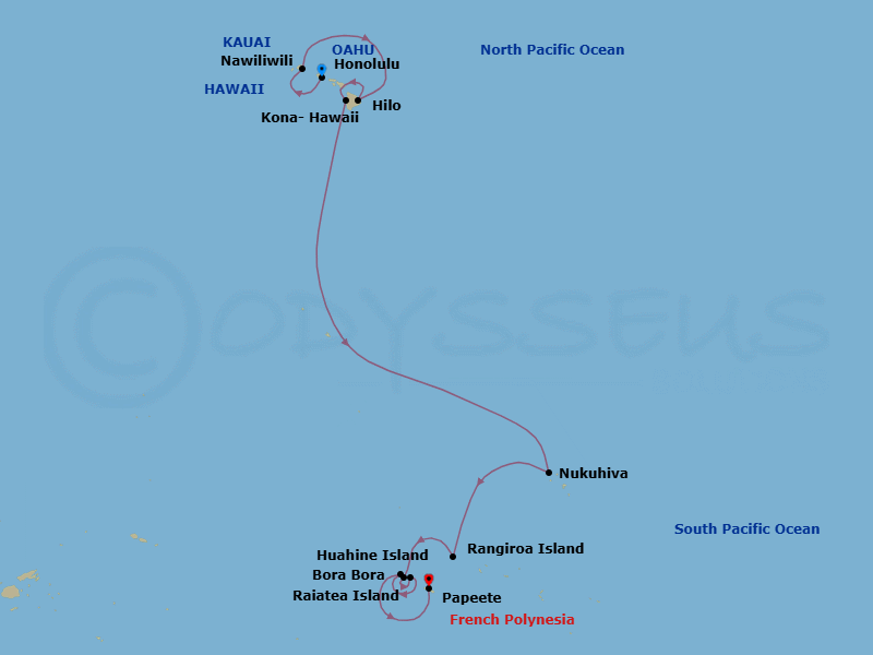 14 Night - Polynesian Playgrounds - Oceania Riviera - Starting in Honolulu, Nawiliwili, Hilo, Kailua-Kona, Nuku Hiva, Rangiroa, Raiatea, Huahine, Bora Bora, Papeete (Tahiti) itinerary map