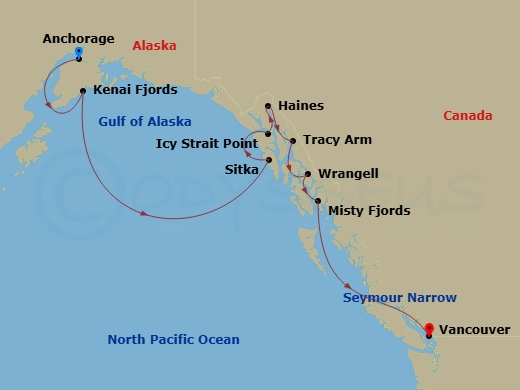 Star Seeker - 10 Night - Alaskan Splendors - Star Seeker - Starting in Anchorage (Seward), Alaska, Kenai Fjords National Park, Sitka, Icy Strait Point (Hoonah), Haines, Tra.. itinerary map