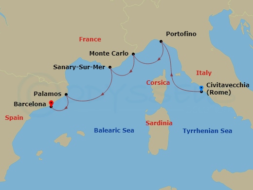 Wind Surf - 5 Night - Quick Getaways : Yachtsman's Harbors of the Rivieras - Wind Surf - Starting in Rome, Portofino, Monte Carlo, Sanary-sur-mer, Palamos, Barcelona itinerary map