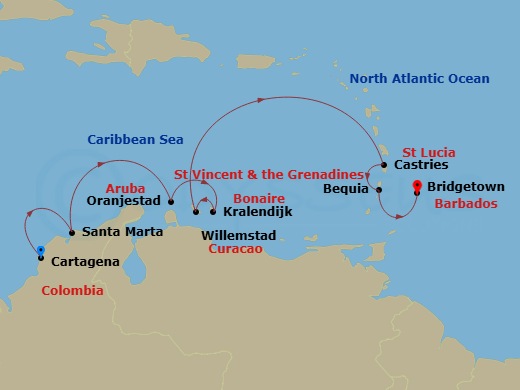 Silver Shadow - 9 Night - Cartagena to Bridgetown - Silver Shadow - Starting in Cartagena CO, Santa Marta, Oranjestad, Aruba, Kralendijk, Bonaire, Willemstad AN, Curacao, Cas.. itinerary map