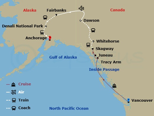 HAL Zaandam Cruise Tours - 10 Night - Denali & Yukon Y5c - Tour Y5c - HAL Zaandam Cruise Tours - Starting in Vancouver, BC, CA, Scenic Cruising the Inside Passage, Tracy Arm Inlet, June.. itinerary map