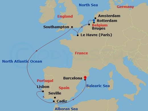 MSC Poesia - 9 Night - Rtm - MSC Poesia - Starting in Rotterdam (Amsterdam), Netherlands, Zeebrugge (Bruges), Belgium, Le Havre (Paris), France, Southampton (London), Unit.. itinerary map