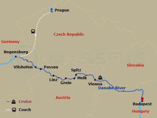 AmaMagna Cruise Tours - 12 Night - Magna On the Danube (Easter Delights) with Prague Pre-Cruise and Budapest Post-Cruise - AmaMagna Cruise Tours - Starting in Prague, Regensburg, Vil.. itinerary map