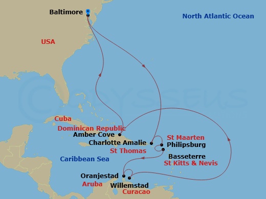 Carnival Pride - 14 Night - Journeys - Southern Caribbean - Carnival Pride - Starting in Baltimore, MD, St Thomas, US Virgin Islands, St Maarten, St Kitts, Aruba, Curacao, Amb.. itinerary map