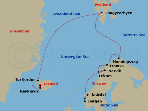 14 Night - Iceland & Norway's Arctic Explorer - Viking Neptune - Starting in Bergen, Eidsdal, Scenic Sailing Norwegian Inside Passage, Narvik, Lofoten (Leknes), Tromso, Honningsvag, Sail the Barents Sea, Longyearbyen, Sail the Norwegian Sea, Isafjordur, Reykjavik itinerary map
