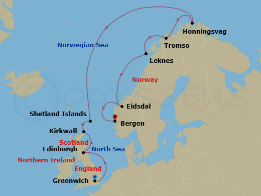 14 Night - Into the Midnight Sun - Viking Jupiter - Starting in London (Greenwich), Sail the North Sea, Edinburgh (Newhaven Harbour), Orkney Islands (Kirkwall), Shetland Islands (Lerwick), Sail the Norwegian Sea, Honningsvag, Tromso, Lofoten (Leknes), Sail the Norwegian Sea, Eidsdal, Bergen itinerary map