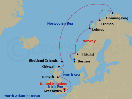 14 Night - Into the Midnight Sun - Viking Jupiter - Starting in Bergen, Eidsdal, Sail the Norwegian Sea, Lofoten (Leknes), Tromso, Honningsvag, Sail the Barents Sea, Shetland Islands (Lerwick), Orkney Islands (Kirkwall), Rosyth (Edinburgh), Sail the North Sea, London (Greenwich) itinerary map