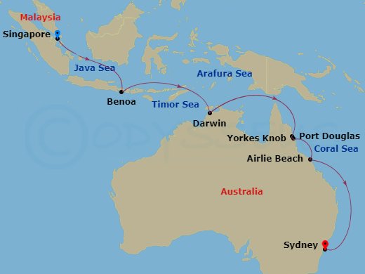 Celebrity Solstice - 14 Night - Australia Cruise - Celebrity Solstice - Starting in Singapore, Benoa, Bali, Indonesia, Darwin, Australia, Port Douglas, Australia, Cairns (Yorkeys.. itinerary map