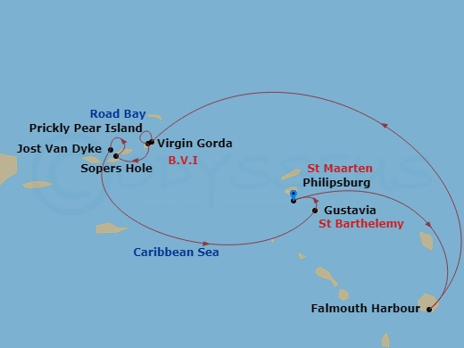 Wind Surf - 7 Night - Beach Fun & Sun : a Remote Caribbean Getaway - Wind Surf - Starting in Philipsburg, St Maarten, Falmouth Harbour, Road Bay, Virgin Gorda / Prickly P.. itinerary map