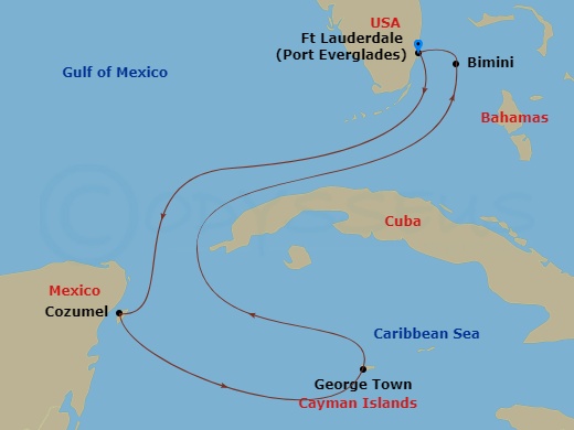 Celebrity Reflection - 6 Night - Cozumel, Grand Cayman & Bahamas - Celebrity Reflection - Starting in Fort Lauderdale, Florida, Cozumel, Mexico, George Town, Grand Cayman, Bimini, B.. itinerary map
