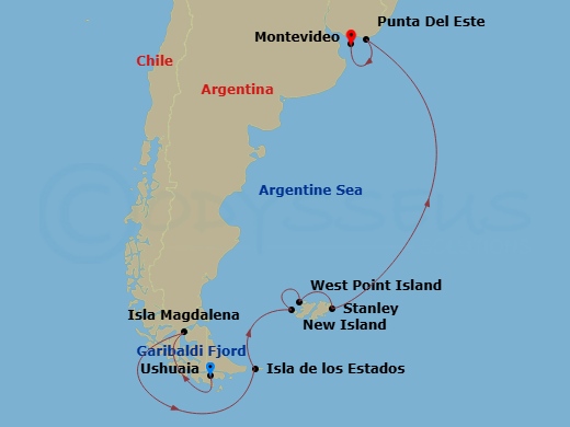 World Voyager - 13 Night - South America from Ushuaia to Montevideo - World Voyager - Starting in Ushuaia, Garibaldi Glacier, Chile / Captains Choice, Magdalena Island, Chile.. itinerary map