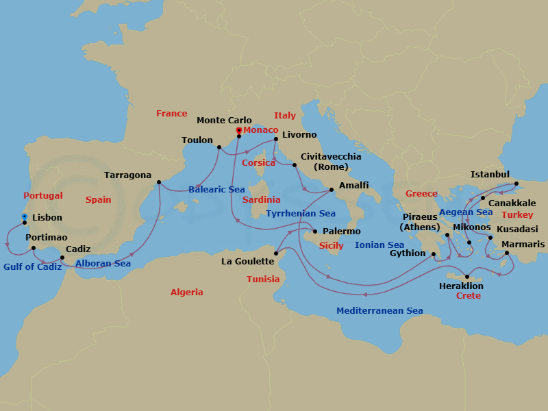 23 Night - Mediterranean Constellation - Oceania Regatta - Starting in Lisbon, Portimao, Seville (Cadiz), Barcelona (Tarragona), Toulon, Florence / Pisa / Tuscany (Livorno), Rome (Civitavecchia), Amalfi / Positano, Gythion, Athens (Piraeus), Mykonos, Istanbul, Canakkale (Troy), Ephesus (Kusadasi), Marmaris, Heraklion (Crete), Tunis (La Goulette), Palermo (Sicily), Monte Carlo itinerary map