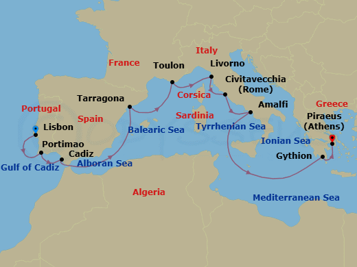 11 Night - Legendary Mediterranean - Oceania Regatta - Starting in Lisbon, Portimao, Seville (Cadiz), Barcelona (Tarragona), Toulon, Florence / Pisa / Tuscany (Livorno), Rome (Civitavecchia), Amalfi / Positano, Gythion, Athens (Piraeus) itinerary map