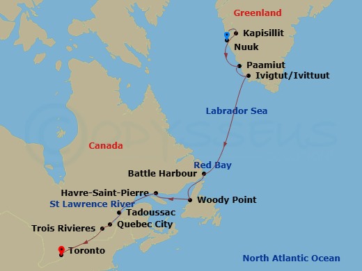 Viking Octantis - 14 Night - Canada & Greenland Explorer - Viking Octantis - Starting in Nuuk, Kapisillit, Paamiut, Ivittuut, Sail the Labrador Sea, Battle Harbour, Newfoundlan.. itinerary map