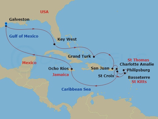 Carnival Dream - 14 Night - Journeys - Eastern Caribbean - Carnival Dream - Starting in Galveston, Tx, Key West, FL, Grand Turk, San Juan, Puerto Rico, St Thomas, US Virgin Is.. itinerary map