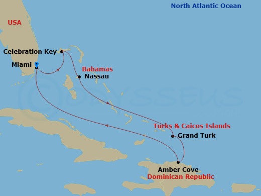 Carnival Celebration - 7 Night - Eastern Caribbean - Carnival Celebration - Starting in Miami, Fl, Celebration Key, the Bahamas, Nassau, Bahamas, Grand Turk, Amber Cove, Dominican R.. itinerary map