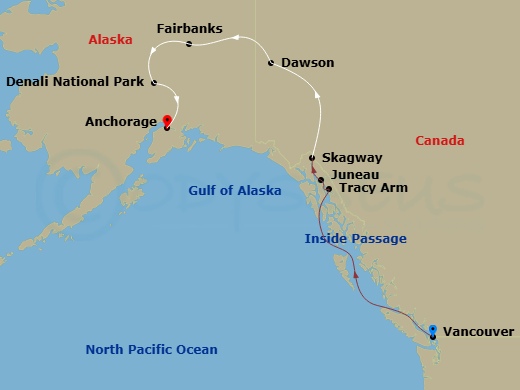 HAL Koningsdam Cruise Tours - 11 Night - Denali & Yukon Y4c - Tour Y4c - HAL Koningsdam Cruise Tours - Starting in Vancouver, BC, CA, Scenic Cruising the Inside Passage, Tracy Arm Inlet, J.. itinerary map