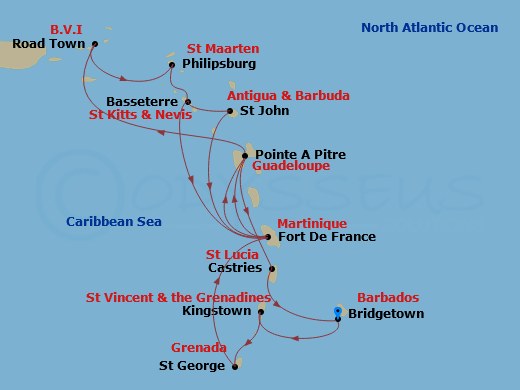 MSC Virtuosa - 14 Night - South Caribbean - MSC Virtuosa - Starting in Bridgetown, Barbados, Kingstown, St Vincent and the Grenadines, Saint George, Grenada, Fort-de-France,.. itinerary map