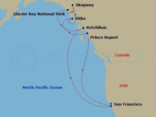 Ruby Princess - 10 Night - Inside Passage (with Glacier Bay National Park) - Ruby Princess - Starting in San Francisco, California, Ketchikan, Alaska, Glacier Bay National Pa.. itinerary map