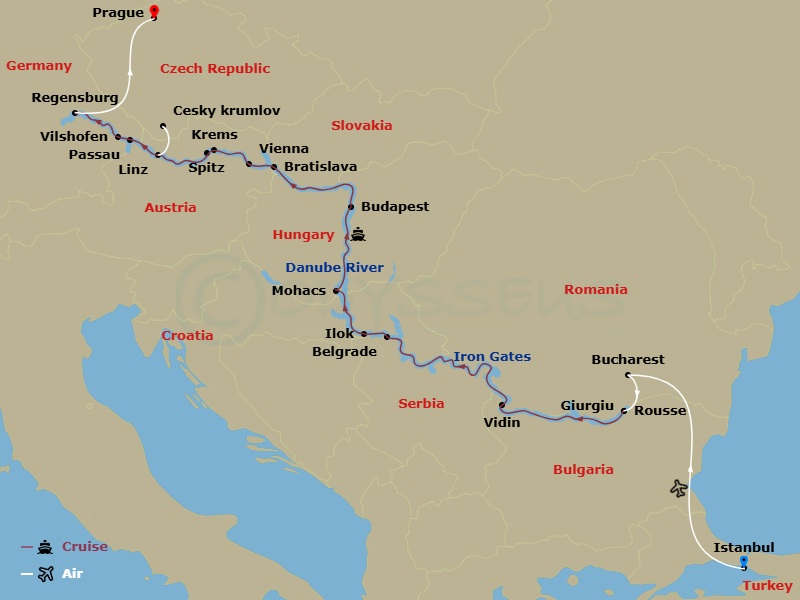 AmaMagna Cruise Tours - 20 Night - Grand Danube Cruise with Istanbul Pre-Cruise and Prague Post-Cruise - AmaMagna Cruise Tours - Starting in Istanbul, Bucharest, Giurgiu, Rousse, Vid.. itinerary map