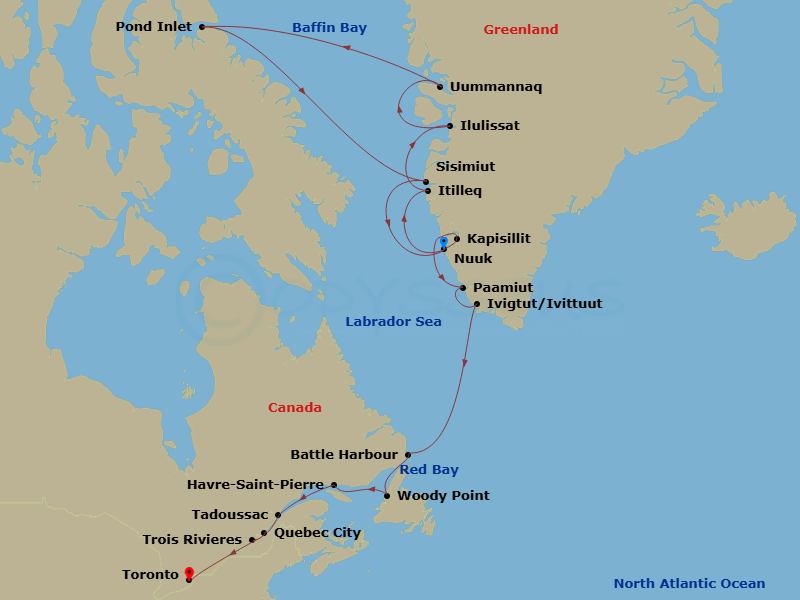 Viking Polaris - 26 Night - Canada & the Northwest Passage - Viking Polaris - Starting in Nuuk, Itilleq Fjord, Ilulissat, Uummannaq, Sail Baffin Bay, Pond Inlet, Canadian High.. itinerary map