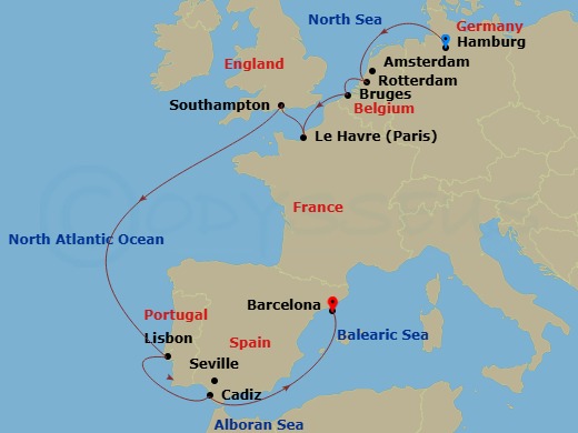 MSC Poesia - 11 Night - Northern Europe - MSC Poesia - Starting in Hamburg, Germany, Rotterdam (Amsterdam), Netherlands, Zeebrugge (Bruges), Belgium, Le Havre (Paris), Fra.. itinerary map