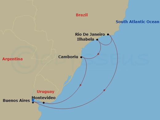 8 Night - South America - MSC Fantasia - Starting in Buenos Aires, Argentina, Rio De Janeiro, Brazil, Ilhabela, Brazil, Camboriu, Brazil, Montevideo, Uruguay, Buenos Aires, Argentina itinerary map