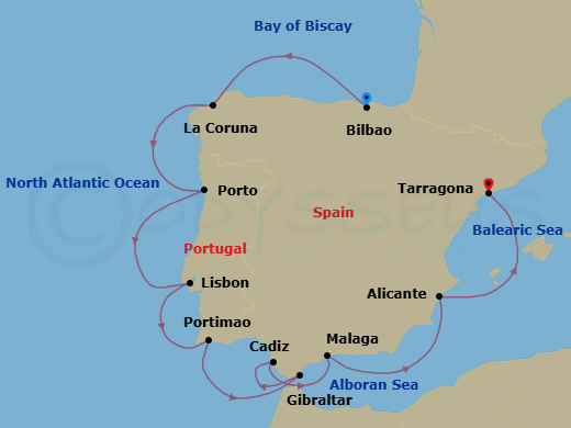 9 Night - Around Iberia - Oceania Marina - Starting in Bilbao, La Coruna, Oporto, Lisbon, Portimao, Gibraltar, Seville (Cadiz), Malaga, Alicante, Barcelona (Tarragona) itinerary map