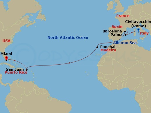 16 Night - Msc Grand Voyages - MSC Grandiosa - Starting in Civitavecchia (Rome), Italy, Palma De Mallorca (Balearic Islands), Spain, Barcelona, Spain, Funchal (Madeira Islands), Portugal, San Juan Porto Rico, Miami, Florida itinerary map