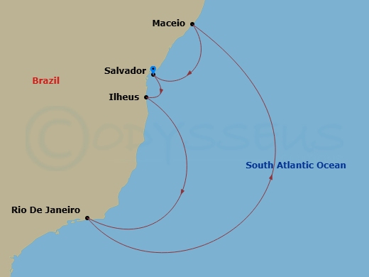 MSC Armonia - 7 Night - South America - MSC Armonia - Starting in Salvador, Brazil, Ilheus, Brazil, Rio De Janeiro, Brazil, Maceio, Brazil, Salvador, Brazil itinerary map