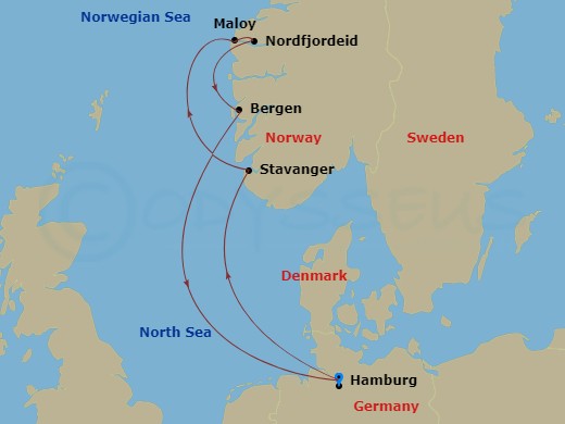 MSC Preziosa - 7 Night - Northern Europe - MSC Preziosa - Starting in Hamburg, Germany, Stavanger (Lysefijord), Norway, Maloy, Norway, Nordfjordeid, Norway, Bergen, Norway,.. itinerary map