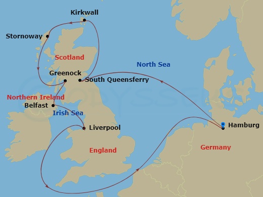 MSC Preziosa - 10 Night - Ham - MSC Preziosa - Starting in Hamburg, Germany, South Queensferry (Edinburgh), United Kingdom, Kirkwall (Orkney Islands), United Kingdom, Storno.. itinerary map