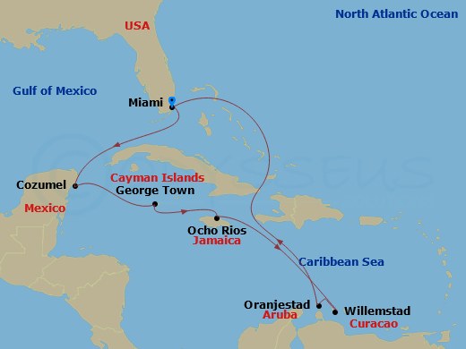 10 Night - Caribbean and Antilles - MSC Divina - Starting in Miami, Florida, Cozumel, Mexico, George Town, Cayman Islands, Ocho Rios, Jamaica, Willemstad AN, Curacao, Oranjestad, Aruba, Miami, Florida itinerary map