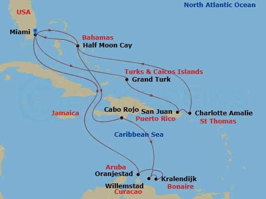 HAL Zuiderdam - 17 Night - Eastern & Southern Caribbean : San Juan & Abc Islands - HAL Zuiderdam - Starting in Miami, Florida, Grand Turk, Turks and Caicos, San Juan, Puerto.. itinerary map