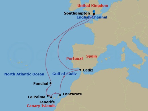 12 Night - Canary Islands - Queen Victoria - Starting in Southampton, England, UK, Cadiz (tours to Seville), Spain, Lanzarote, Spain, Tenerife, Spain, La Palma, Spain, Funchal, Madeira, Portugal, Southampton, England, UK itinerary map