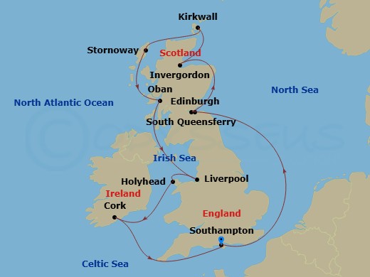Queen Victoria - 14 Night - British Isles - Queen Victoria - Starting in Southampton, England, UK, South Queensferry (for Edinburgh), Scotland, UK, Invergordon (tours to Inver.. itinerary map