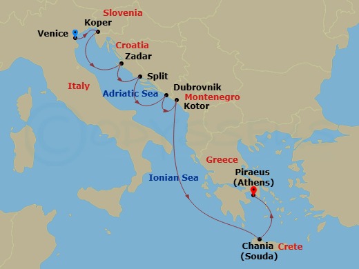 Azamara Onward - 9 Night - Croatia, Montenegro & Greece Cruise : Dubrovnik, Kotor & Athens - Azamara Onward - Starting in Venice, Koper, Zadar, Split, Dubrovnik, Croatia, Koto.. itinerary map