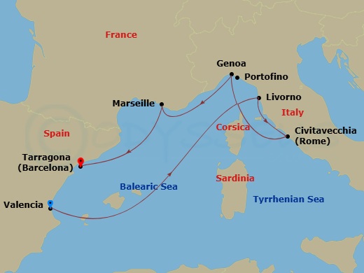 MSC Orchestra - 6 Night - Mediterranean - MSC Orchestra - Starting in Valencia, Spain, Livorno (Florence), Italy, Civitavecchia (Rome), Italy, Genoa (Portofino), Italy, Marse.. itinerary map