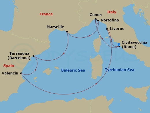 MSC Orchestra - 7 Night - Mediterranean - MSC Orchestra - Starting in Civitavecchia (Rome), Italy, Genoa (Portofino), Italy, Marseille (Provence), France, Tarragona, Spain, V.. itinerary map
