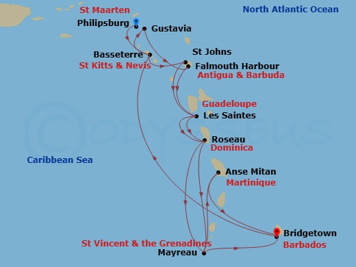 15 Night - Star Collector : Antilles Adventures - Wind Spirit - Starting in Philipsburg, St Maarten, Basseterre, Gustavia, Falmouth Harbour, Les Saintes, Roseau, Mayreau, Bridgetown, Basseterre, St Johns AG, Les Saintes, Roseau, Mayreau, Anse Mitan, Bridgetown itinerary map