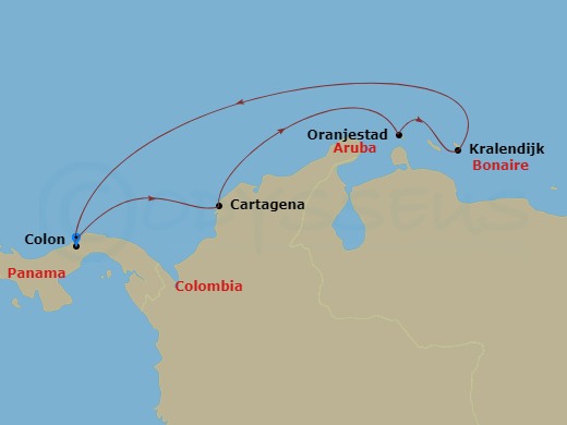 RCL Serenade of the Seas - 7 Night - Southern Caribbean Holiday - RCL Serenade of the Seas - Starting in Colon, Panama, Cartagena CO, Oranjestad, Aruba, Kralendijk, Bonaire, Colon, Panama itinerary map