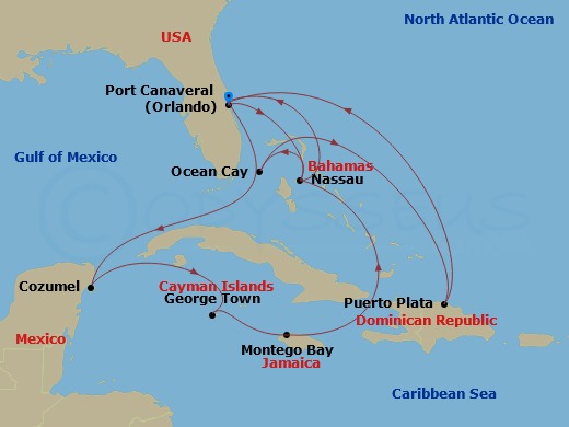 14 Night - Caribbean and Antilles - MSC Grandiosa - Starting in Port Canaveral (Orlando), Florida, Nassau, Bahamas, Ocean Cay Msc Marine Reserve, Bahamas, Puerto Plata, Dominican Republic, Port Canaveral (Orlando), Florida, Cozumel, Mexico, George Town, Cayman Islands, Montego Bay, Jamaica, Nassau, Bahamas, Port Canaveral (Orlando), Florida itinerary map
